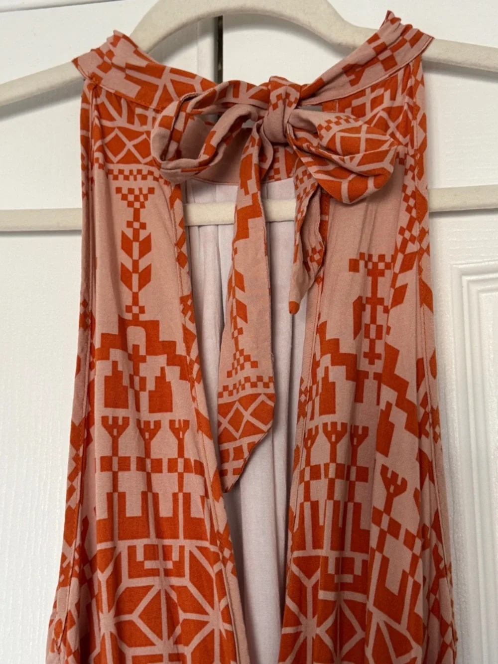 Orange Geometric Print Halter Neck Tiered BTFBM Mini Dress Tie Waist Lined Large - Picture 10 of 10